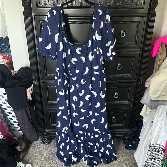 NWT Polo Ralph Lauren Brushstroke-Motif Tiered Blue White Linen Dress Size 18